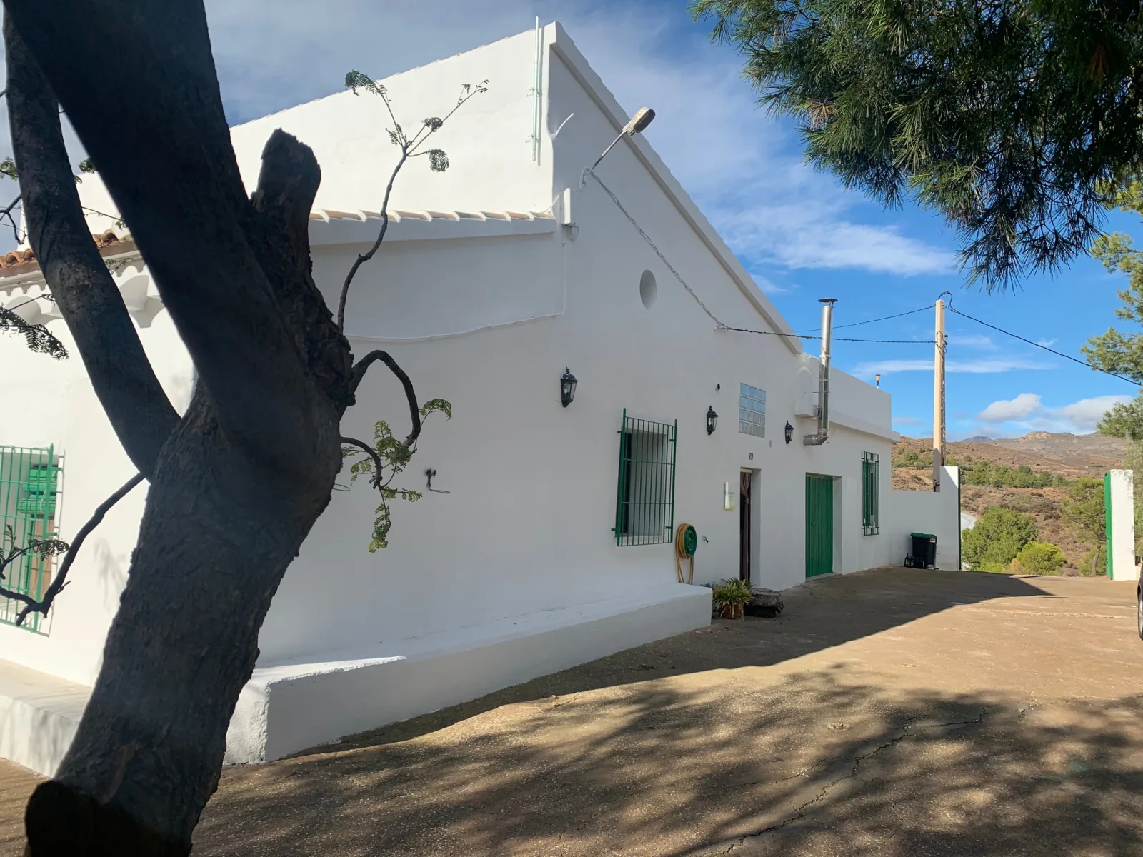 Fachada blanca de la casa con puertas verdes, junto a un árbol