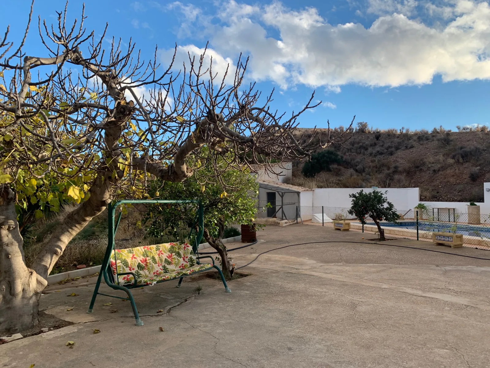 Patio con columpio a la sombra de un árbol y la piscina al fondo